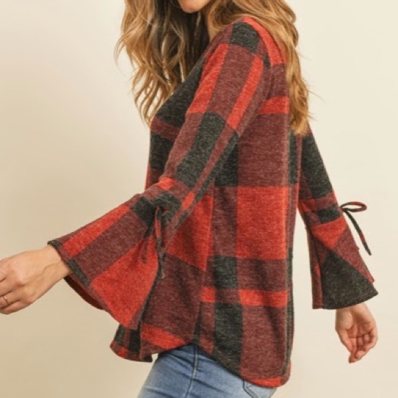 Red & Black Plaid Bell Sleeve Top - Picture 3 of 3